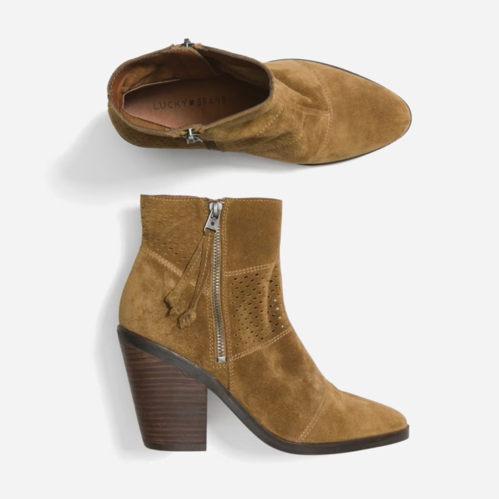 NWOB Lucky Brand Ramses Suede Laser Cut Bootie.  Size 9.5. Never worn.
